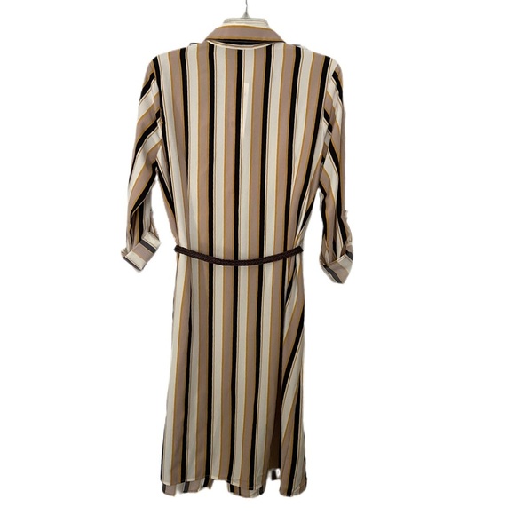 NY Collection Taupe and Navy Striped Long Sleeve Dress Business Casual, Classic - Picture 2 of 12
